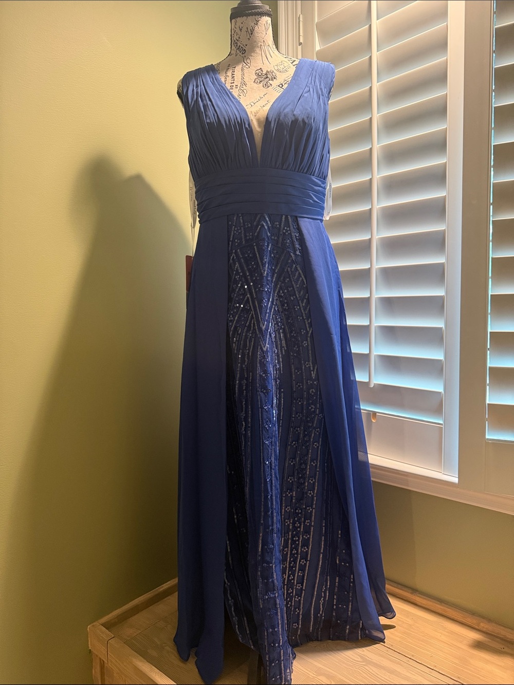 JJs House Royal Blue V-Neck Pleated Evening Gown